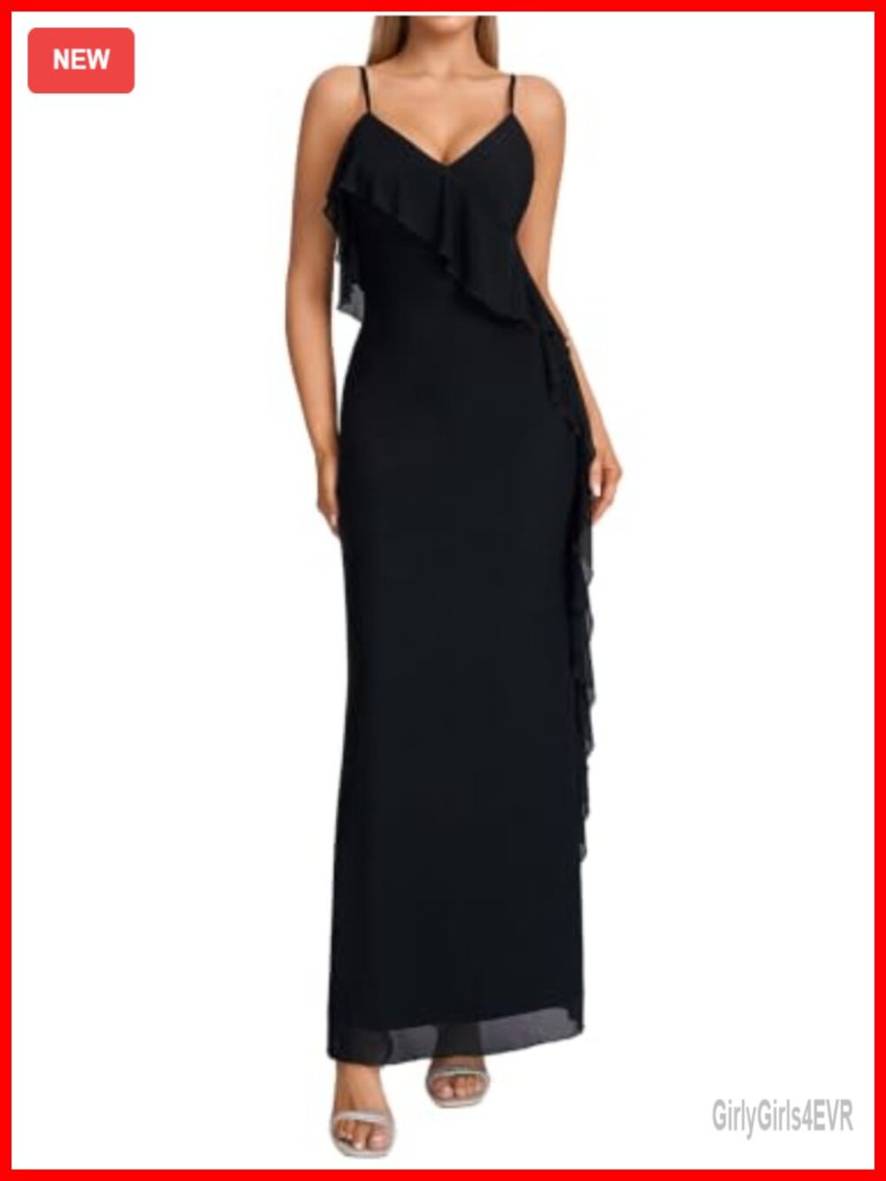 Lunaeu Women's Formal Wedding Guest Maxi Dress Spaghetti Strap V Neck Ruffle